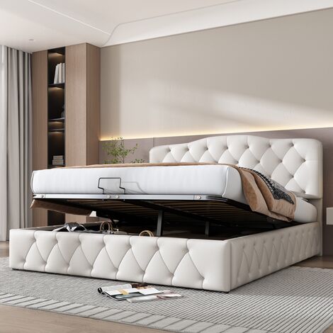 Lit d'ameublement, lit double, lit fonctionnel hydraulique, lit continental, tête de lit réglable en hauteur, motif au litchi, cuir synthétique, 140 x 200, blanc