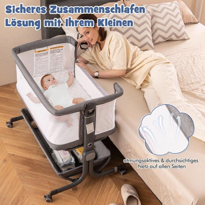 Northix - Lit dappoint 3 en 1 lit parapluie bebe avec matelas lit bebe 6 compartiments reglable en hauteur avec panier de rangement gris fonce