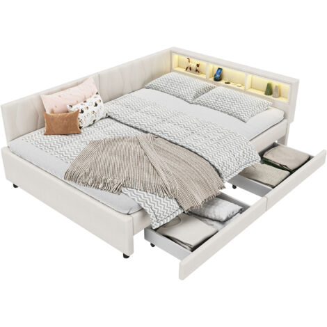 Lit daybed en lin beige 140x200 cm avec LED, ports USB/Type C, rangements et sommier à lattes inclus