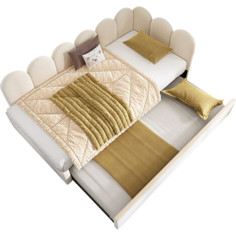 Lit daybed en velours beige 90x200 cm avec lit gigogne 90x190 cm, sommier à lattes inclus