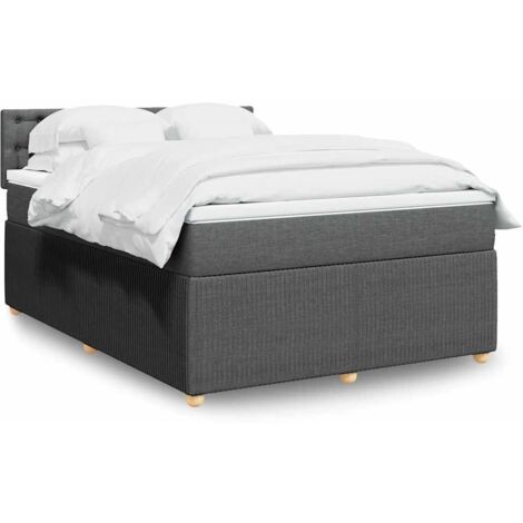 Lit de 140x190cm avec sommier lattes & matelas à ressorts ensachés - Tissu polyester gris foncé, tête de lit & bandes LED incluses