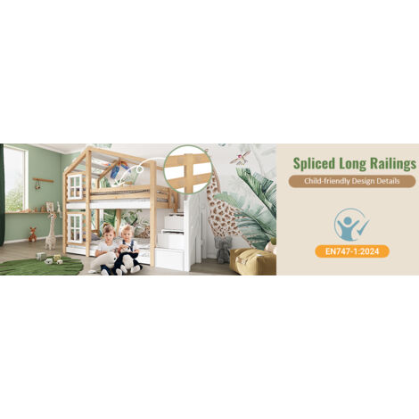 Lit de bébé en bois 90 x 200 cm. Lit à plusieurs étages pour enfants, avec fenêtres pour ventilation et protection contre les chutes. Couleur naturelle ou blanche, 2 sommiers en planches (sans matelas