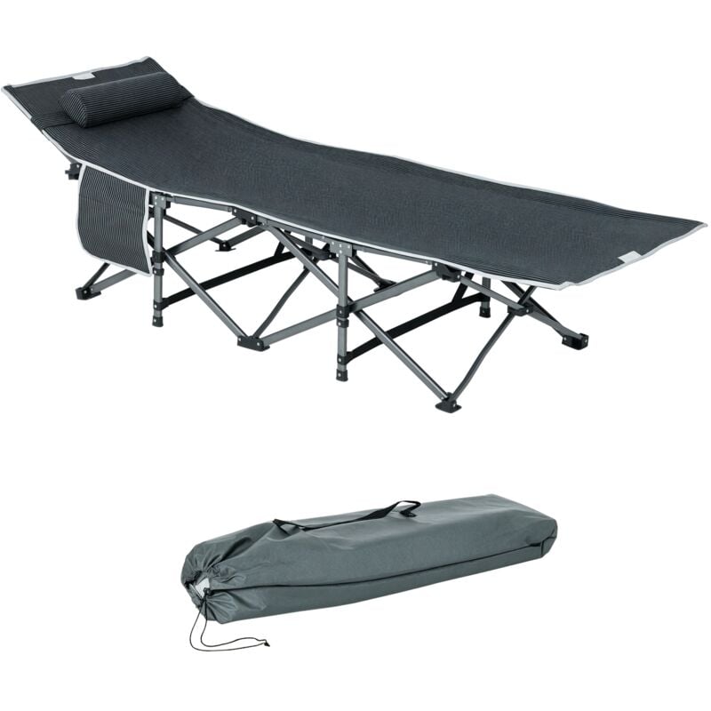 Lit de camp lit d'appoint pliable dim. 188L x 64,5l x 53H cm pochette rangement, tétière, sac de transport inclus métal Oxford gris