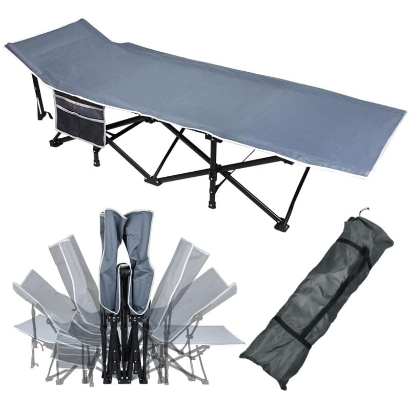 Lit de camp pliable 190x62x38 cm, sac de transport, poche latérale, 250 kg capacité, métal + toile Oxford 600D Naizy