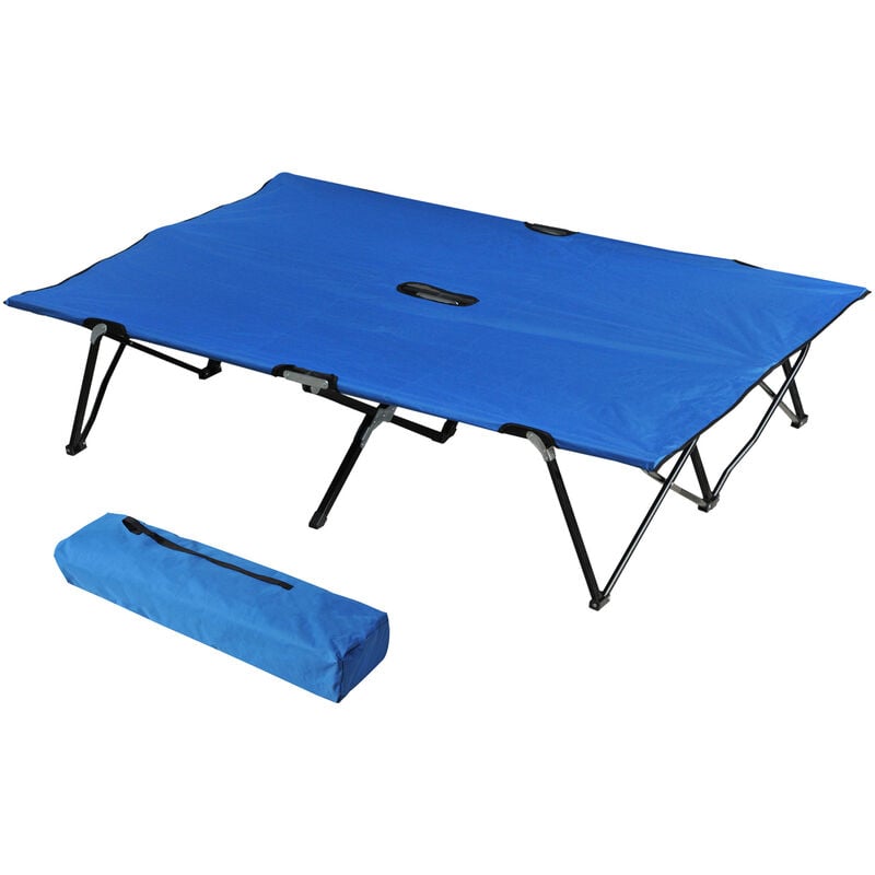 outsunny - lit de camp pliable double 193 x 125 x 40 cm avec sac de transport métal noir polyester oxford bleu - bleu