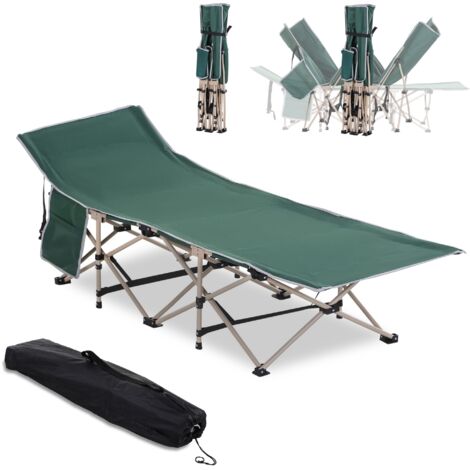 Lit de camping pliant robuste, cadre acier avec housse, capacité 150 kg, dimensions 190x68x52 cm, couleur verte, transport facile