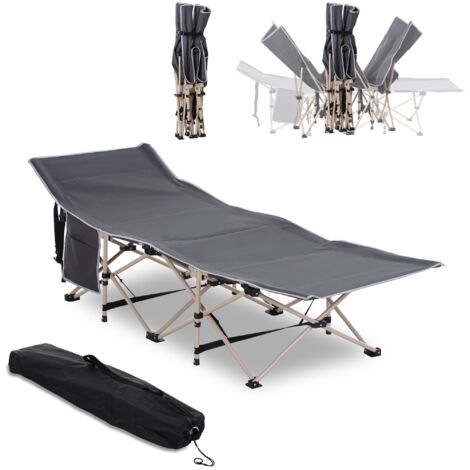 Lit de camping pliante avec poche de rangement et housse transport, acier et Oxford, gris, 190×68×52 cm