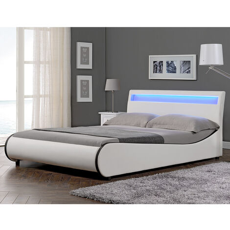 Cadre de lit double Valencia à LED 180x200cm cuir synthétique avec sommier à lattes blanc Corium 49148326