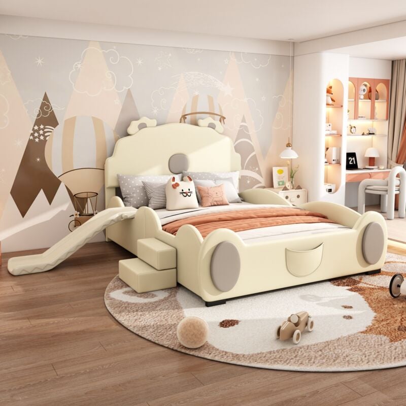 Lit de dessin animé 140200 cm, lit pour enfant, lit ours, équipé d'un toboggan et d'une échelle, matériau pu, facile à nettoyer, forme mignonne, beige
