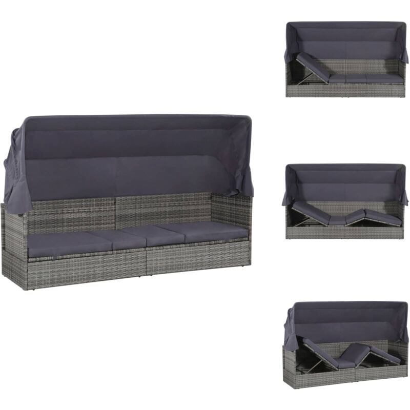 Lit de jardin avec auvent Gris 205x62 cm Résine tressée - Chaise Longue - Transats - Mobilier De Jardin - Bain De Soleil - Relax