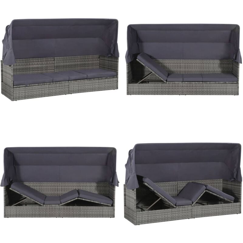 Lit de jardin avec auvent Gris 205x62 cm Résine tressée - Chaise Longue - Transats - Mobilier De Jardin - Bain De Soleil - Relax - Home & Living