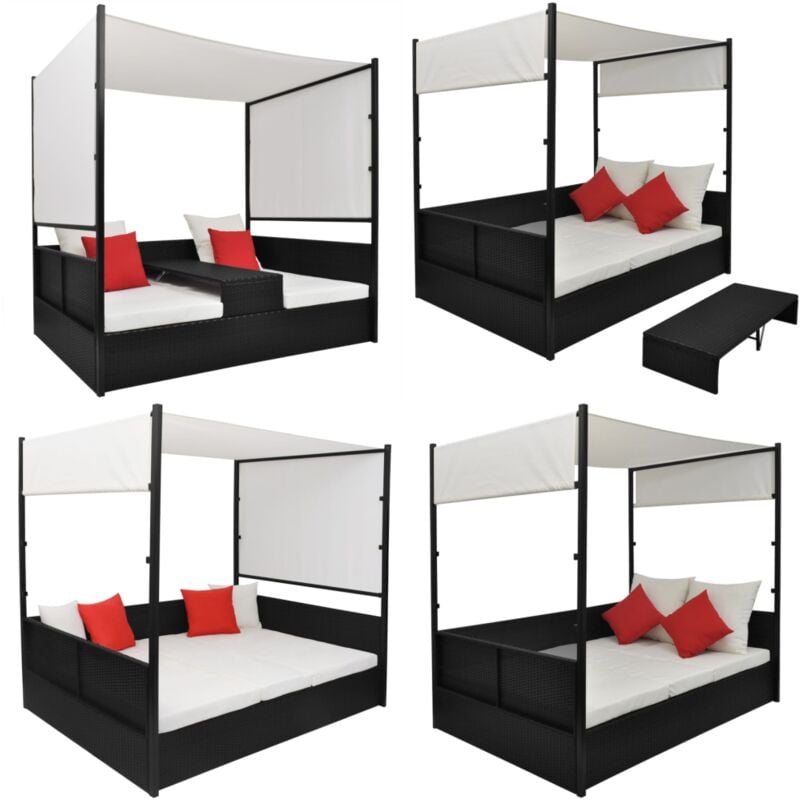 Lit de jardin avec auvent Noir 190x130 cm Résine tressée - lit à deux places - lits à deux places - Home & Living