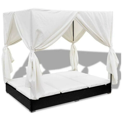 Lit de jardin avec rideaux résine noire et tissu blanc Uvo
