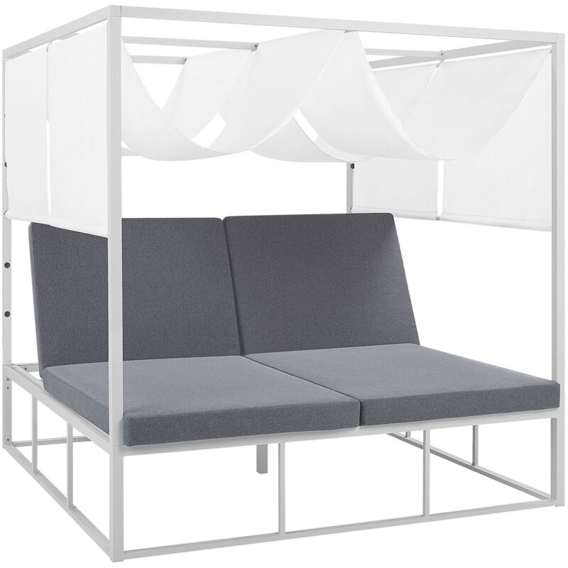 Lit de Jardin à Baldaquin 2 Places en Aluminium Blanc Coussins Gris Idéal pour Piscine Terrasse ou Extérieur au Style Moderne et Balinais Beliani