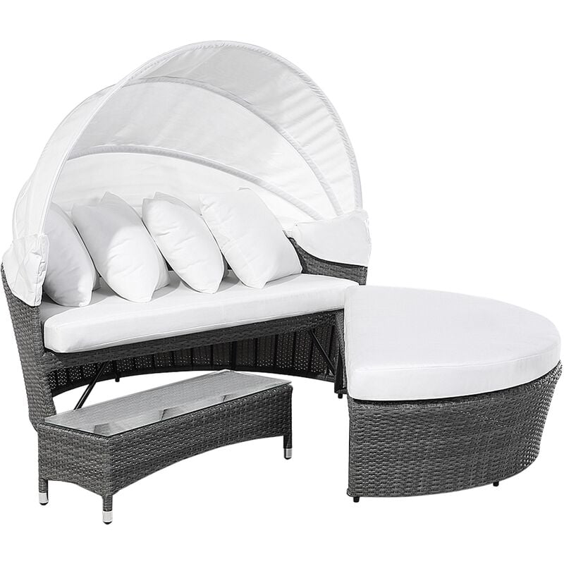 Lit de jardin gris avec capote réglable et coussins blanc cassé SYLT LUX