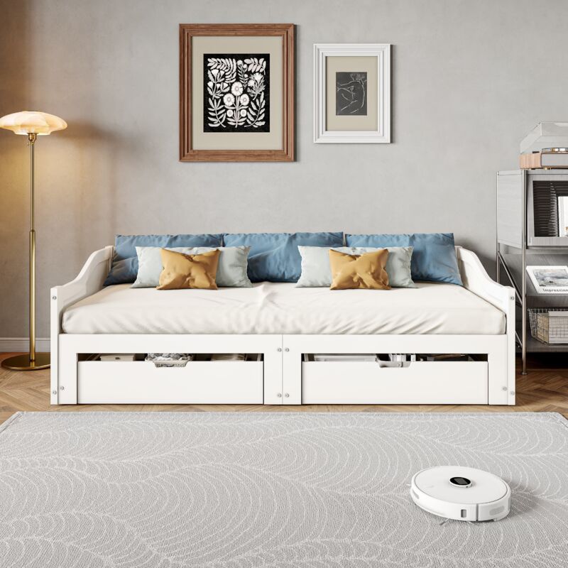 Lit de jour avec 2 tiroirs,Lit adulte Contemporain,Lit Simple blanc 90x200cm,bois,rangement,Design contemporain