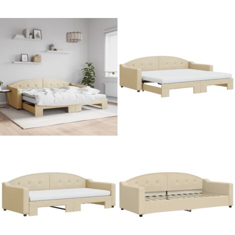 Lit de jour avec gigogne et matelas crème 90x200 cm tissu - Canapé Convertible - Lit Tiroir - Lit Invité - Literie - Meuble Multifonction - Home & Living