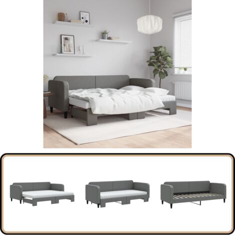 Lit de jour avec gigogne et matelas gris foncé 80x200 cm tissu - Canapé Convertible - Lit Gigogne - Canapé Lit - Meuble Multifonction - Literie