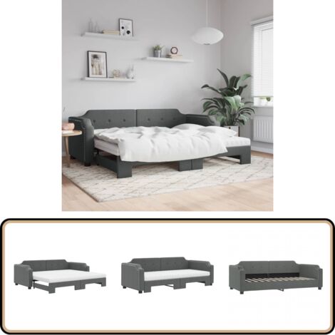 Lit de jour avec gigogne et matelas gris foncé 90x200 cm tissu - Lit Convertible - Canapé Lit - Lit Gigogne - Meuble Multifonction - Literie