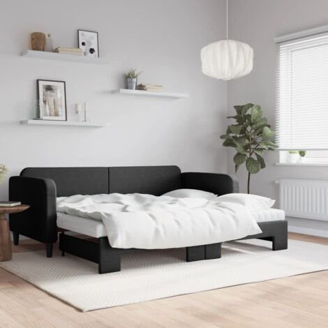 Lit de jour avec gigogne et matelas noir 90x200 tissu