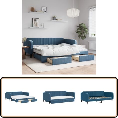 Lit de jour avec gigogne et tiroirs bleu 100x200 cm velours - Canapé Convertible - Lit Gigogne - Meuble Multifonctionnel - Lit D'appoint - Rangements Intégrés