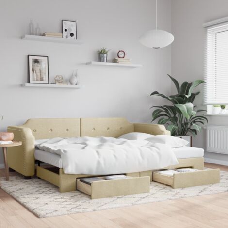 Lit de jour avec gigogne et tiroirs-Canapé-lit avec Rangement crème 100x200 cm tissu 874826
