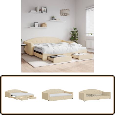 Lit de jour avec gigogne et tiroirs crème 100x200 cm tissu - Canapé Convertible - Lit Gigogne - Meuble Multifonctionnel - Lit D'appoint - Rangements Intégrés