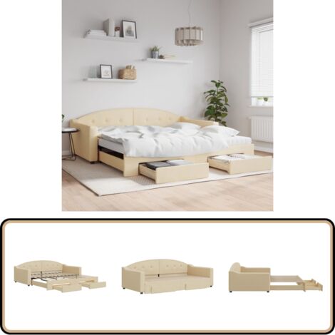 Lit de jour avec gigogne et tiroirs crème 100x200 cm tissu - Canapé Convertible - Lit Gigogne - Meuble Multifonctionnel - Lit D'appoint - Rangements Intégrés