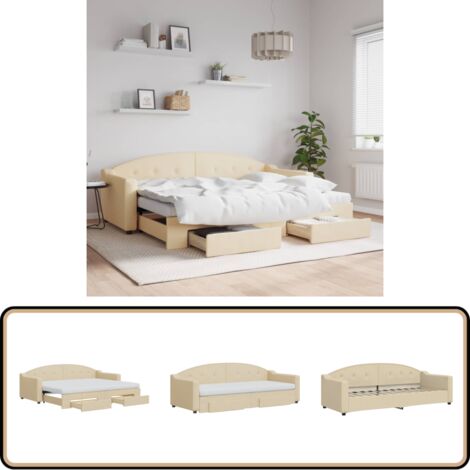 Lit de jour avec gigogne et tiroirs crème 80x200 cm tissu - Canapé Convertible - Lit Gigogne - Meuble Multifonctionnel - Lit Invité - Rangements Intégrés