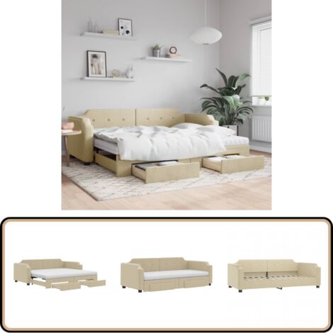 Lit de jour avec gigogne et tiroirs crème 90x200 cm tissu - Canapé Convertible - Lit D'appoint - Lit Gigogne - Meuble Multifonctionnel - Literie