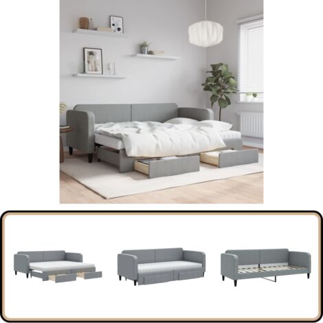 Lit de jour avec gigogne et tiroirs gris clair 80x200 cm tissu - Canapé Convertible - Lit Gigogne - Meuble Multifonctionnel - Lit D'appoint - Rangements Intégrés