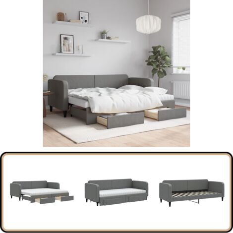 Lit de jour avec gigogne et tiroirs gris foncé 80x200 cm tissu - Canapé Convertible - Lit Gigogne - Meuble Multifonctionnel - Rangement Intégré - Literie Confortable