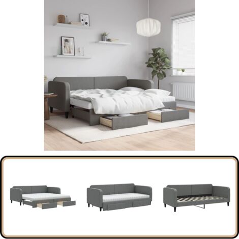 Lit de jour avec gigogne et tiroirs gris foncé 90x200 cm tissu - Canapé Convertible - Lit Gigogne - Meuble Multifonctionnel - Lit D'appoint - Rangements Intégrés