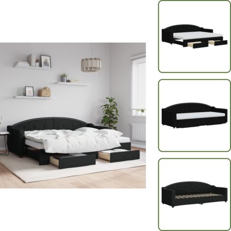 Lit de jour avec gigogne et tiroirs noir 80x200 cm tissu - Canapé Convertible - Lit Gigogne - Meuble Multifonctionnel - Lit Invité - Rangements Intégrés