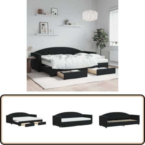 Lit de jour avec gigogne et tiroirs noir 80x200 cm velours - Canapé Convertible - Lit Gigogne - Meuble Multifonctionnel - Lit D'appoint - Rangements Intégrés