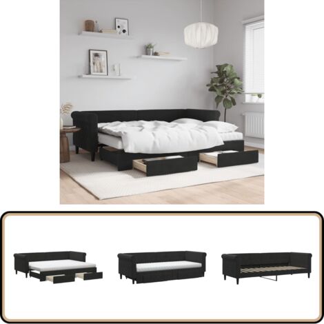 Lit de jour avec gigogne et tiroirs noir 80x200 cm velours - Canapé Convertible - Lit Gigogne - Meuble Multifonctionnel - Lit Invité - Rangements Intégrés