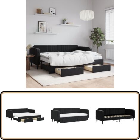 Lit de jour avec gigogne et tiroirs noir 80x200 cm velours - Canapé Lit - Lit Gigogne - Meuble Multifonctionnel - Lit D'appoint - Rangements Intégrés