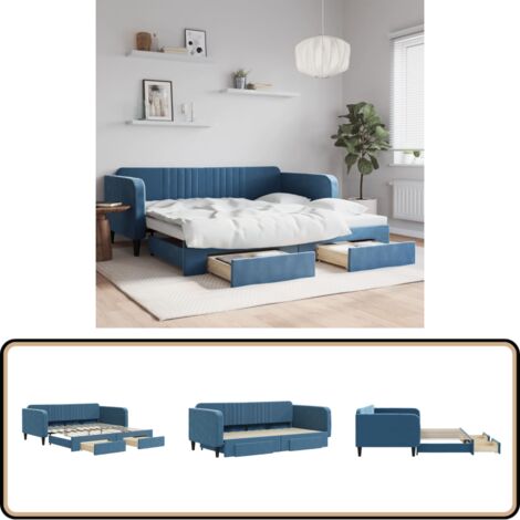 Lit de jour avec gigogne et tiroirs sans matelas bleu 100x200cm - Canapé Lit - Lit Gigogne - Meuble Multifonctionnel - Lit D'appoint - Design Moderne