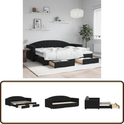 Lit de jour avec gigogne et tiroirs sans matelas noir 80x200 cm - Canapé Lit - Lit Gigogne - Meuble Multifonctionnel - Lit D'appoint - Rangements Intégrés