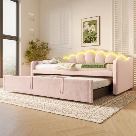 Lit de jour avec lit escamotable, canapé-lit, lit simple (sans matelas), lit double, velours, bandeau LED à changement de couleur, 90x200 cm (180x200 cm), rose