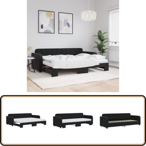 Lit de jour avec lit gigogne et matelas noir 80x200 cm velours - Canapé Lit - Lit Gigogne - Lit Convertible - Meuble Multifonction - Literie