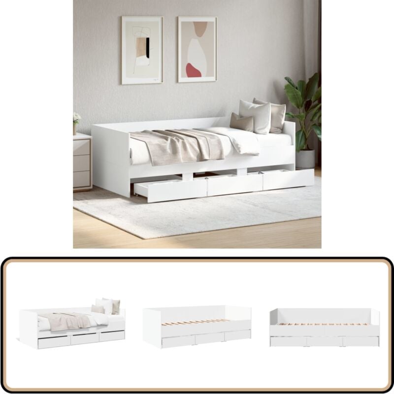 Lit de jour avec tiroirs sans matelas blanc 90x200 cm - Lit Deux Places - Canapé Lit - Meuble Multifonctionnel - Rangements Intégrés - Lit Convertible