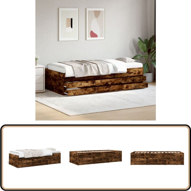 Lit de jour avec tiroirs sans matelas chêne fumé 100x200 cm - Lit Deux Places - Canapé Convertible - Meuble Multifonctionnel - Rangements Intégrés