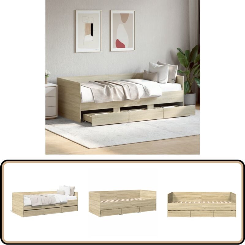 Lit de jour avec tiroirs sans matelas chêne sonoma 75x190 cm - Lit Deux Places - Canapé Convertible - Meuble Multifonctionnel - Rangements Intégrés