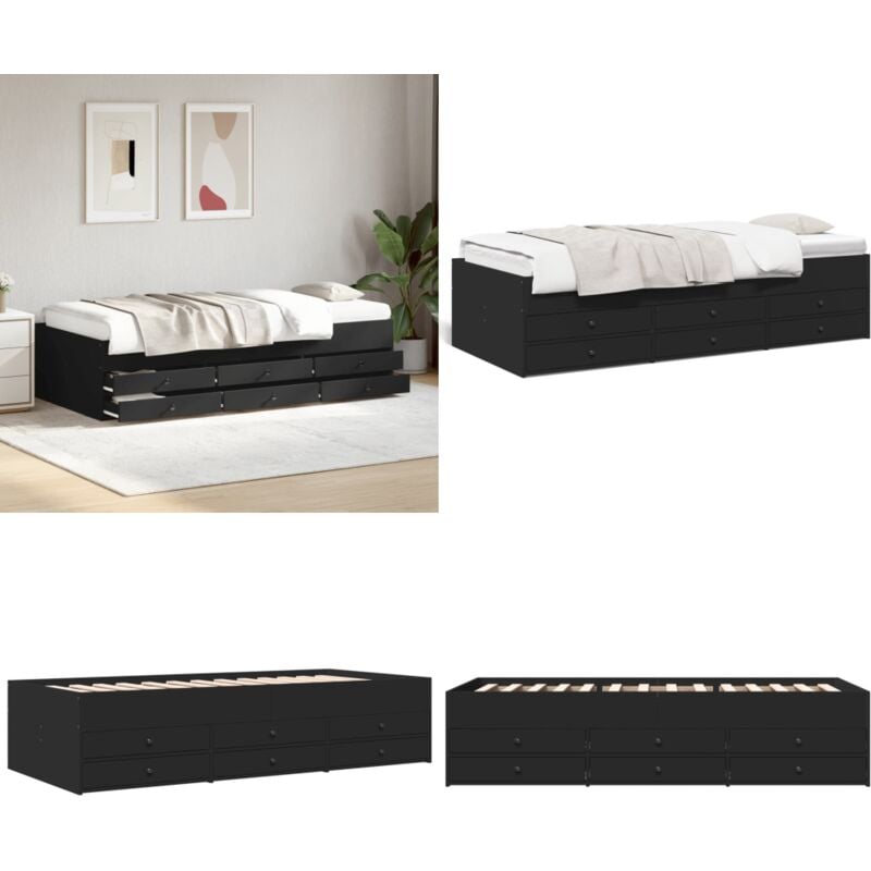 Lit de jour avec tiroirs sans matelas noir 100x200 cm - Lit Deux Places - Canapé Convertible - Meuble Multifonctionnel - Rangements Intégrés - Tiroir