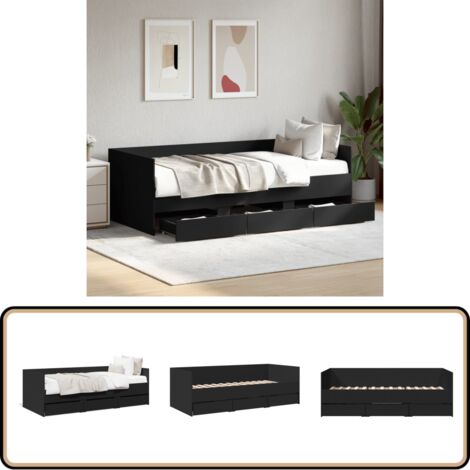 Lit de jour avec tiroirs sans matelas noir 75x190 cm - Lit Deux Places - Canapé Convertible - Meuble Multifonctionnel - Rangements Intégrés - Lit Invité