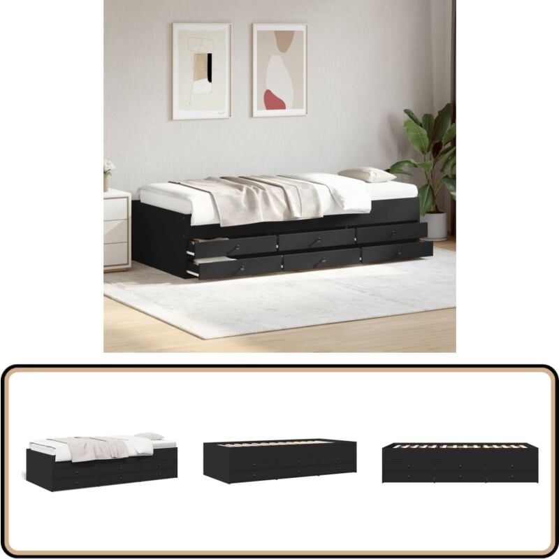 Lit de jour avec tiroirs sans matelas noir 75x190 cm - Lit Deux Places - Canapé Convertible - Meuble Multifonctionnel - Rangements Intégrés - Tiroir