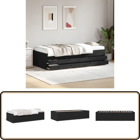 Lit de jour avec tiroirs sans matelas noir 75x190 cm - Lit Deux Places - Canapé Convertible - Meuble Multifonctionnel - Rangements Intégrés - Tiroir Coulissant