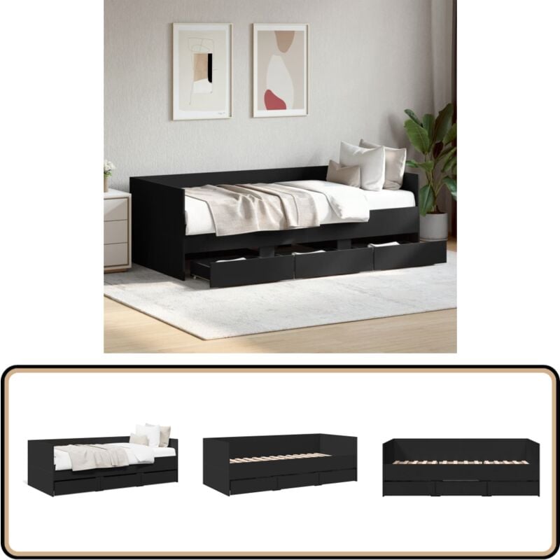 Lit de jour avec tiroirs sans matelas noir 90x190 cm - Lit Deux Places - Canapé Lit - Meuble Multifonctionnel - Rangements Intégrés - Lit Convertible