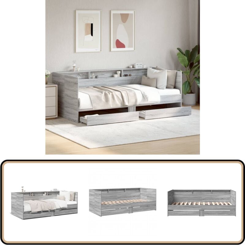 Lit de jour avec tiroirs sans matelas sonoma gris 75x190 cm - Lit Deux Places - Canapé Convertible - Meuble Multifonction - Rangement Tiroir - Lit